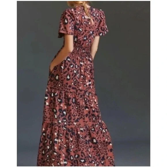 Anthropologie Maeve Somerset Leopard Maxi Dress Brown Smocked Waist Pockets Sml. - Picture 3 of 15